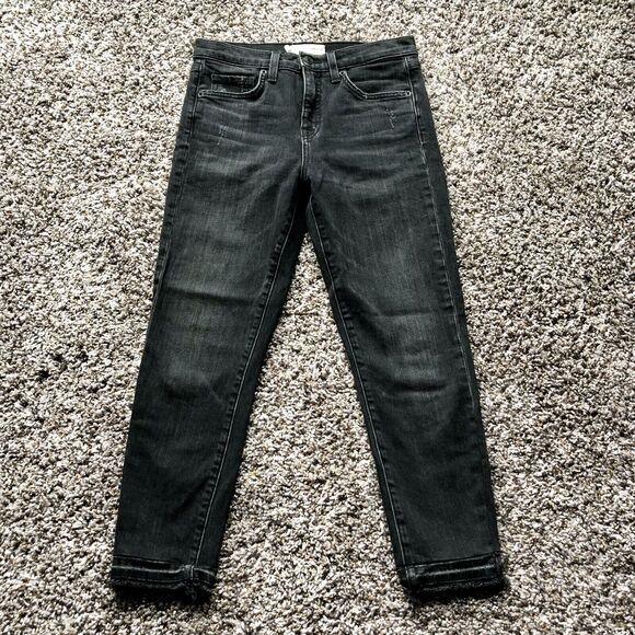 Nili Lotan Jeans 25 Black Mid Rise Raw Hem Distressed Wash Ankle - Picture 12 of 12